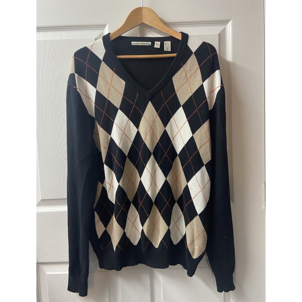 Clarke Gregory Sweater Mens Large Pima Cotton Black Argyle Neck Preppy Warm